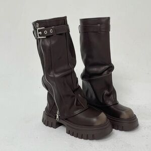 Knee-high Platform Fold Over Chunky Boots - Brown / 8